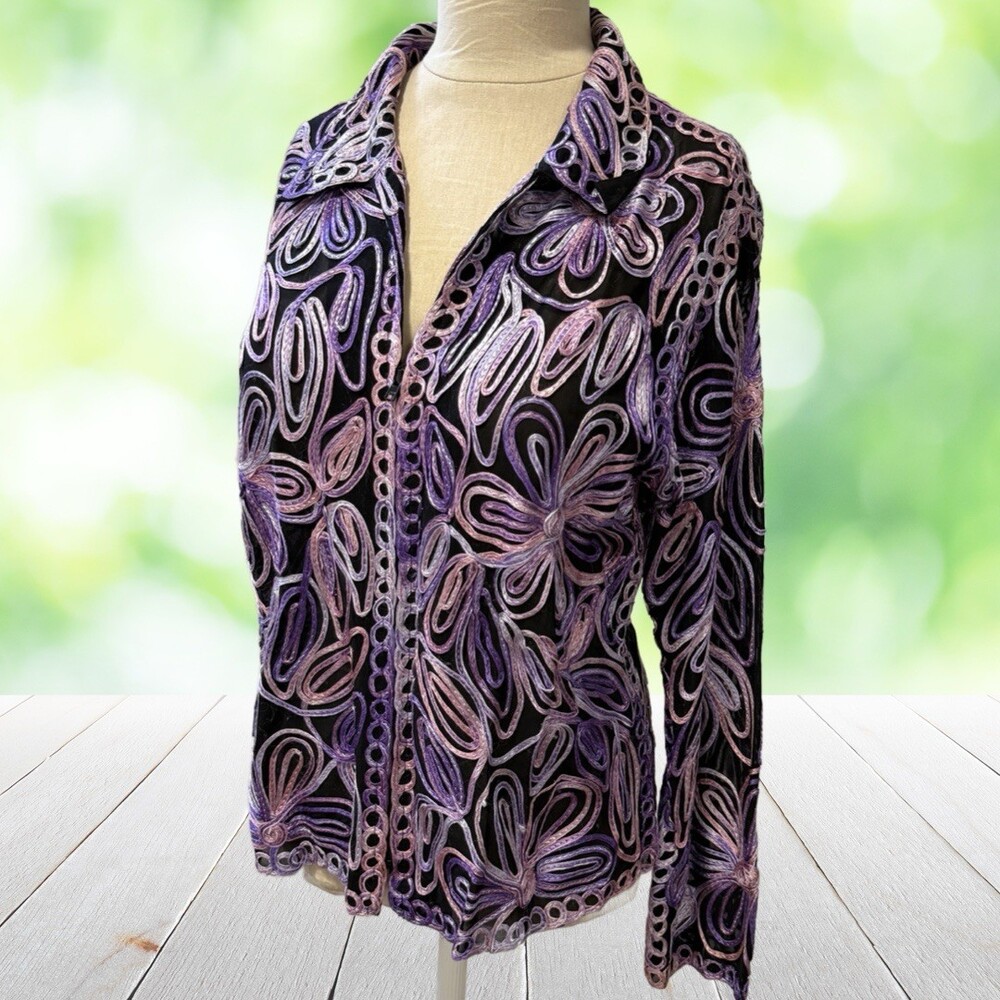 Vintage Embroidered Mesh Jacket Floral Soutache Full Zip Purple Stretch Size M